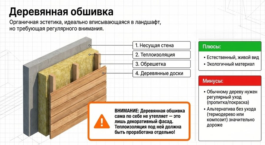 Схема фасада с деревянной обшивкой: несущая стена, утеплитель, обрешётка, деревянные доски, с плюсами и минусами