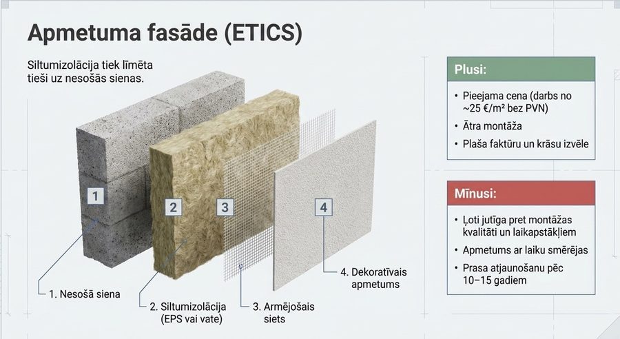 Apmetuma (slapjās) fasādes (ETICS) shēma: nesošā siena, siltumizolācija, armējošais siets, dekoratīvais apmetums, ar plusiem un mīnusiem