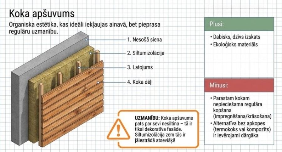 Koka apšuvuma fasādes shēma: nesošā siena, siltumizolācija, latojums, koka dēļi, ar plusiem un mīnusiem