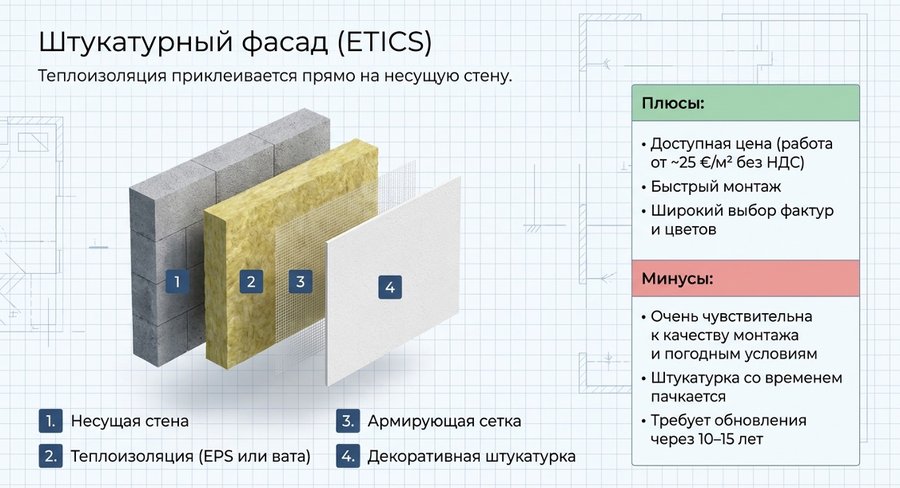Схема штукатурного (мокрого) фасада ETICS: несущая стена, утеплитель EPS или вата, армирующая сетка, декоративная штукатурка, с плюсами и минусами